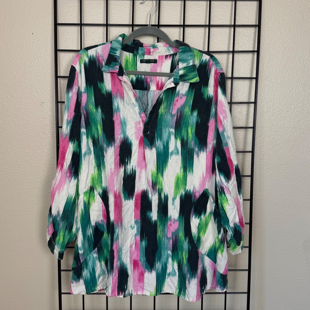 For Cynthia Linen Blend Tunic Top Women 3X Pink Green Ikat Print Lagenlook Fall